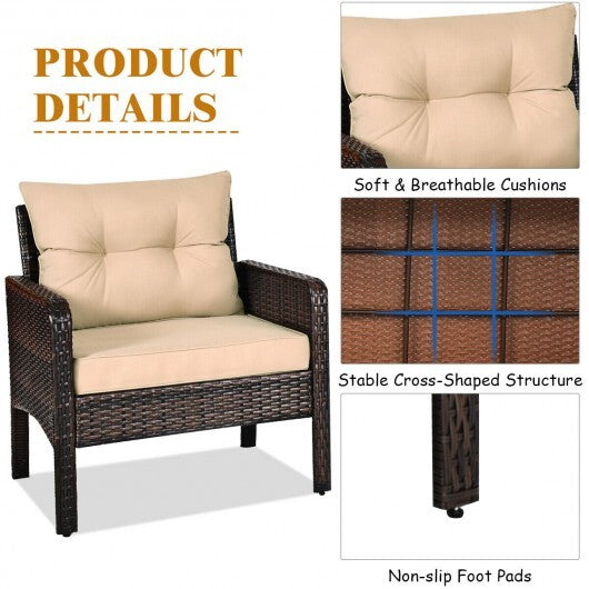 3 Pieces Outdoor Patio Rattan Conversation Set with Seat Cushions-Beige - Color: Beige