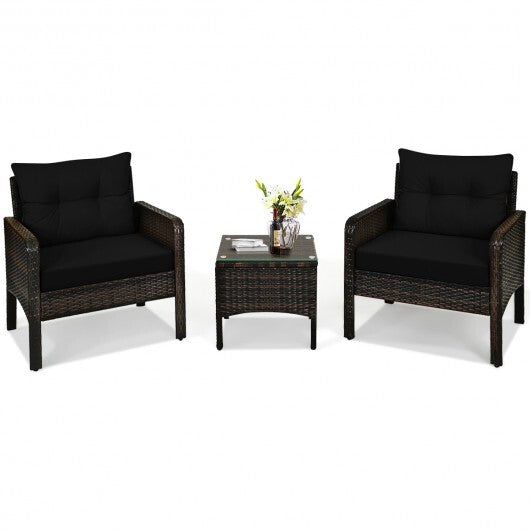 3 Pcs Outdoor Patio Rattan Conversation Set with Seat Cushions-Black - Color: Black