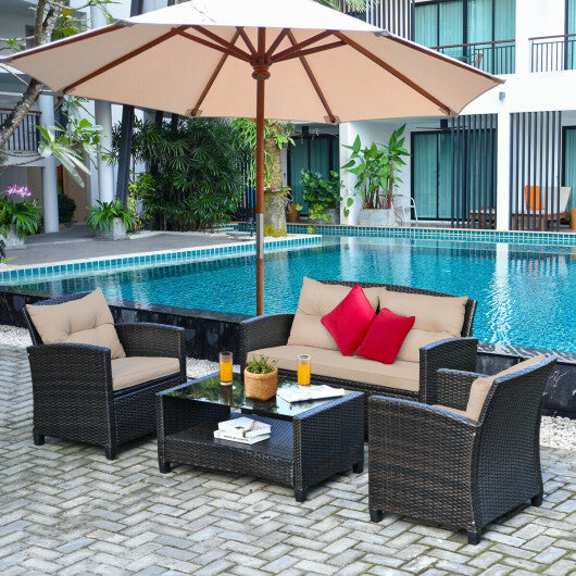 4 Pieces Outdoor Rattan Furniture Set with Glass Table - Color: Brown