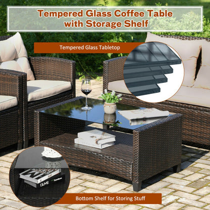 4 Pieces Outdoor Rattan Furniture Set with Glass Table - Color: Brown