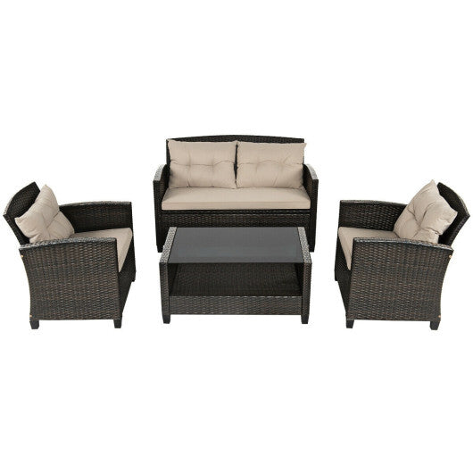 4 Pieces Outdoor Rattan Furniture Set with Glass Table - Color: Brown