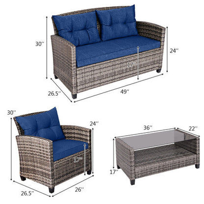 4 Pieces Patio Rattan Furniture Set Coffee Table Cushioned Sofa-Navy - Color: Navy