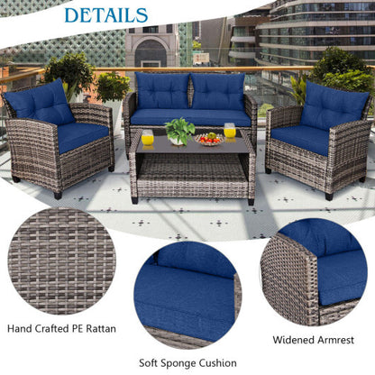 4 Pieces Patio Rattan Furniture Set Coffee Table Cushioned Sofa-Navy - Color: Navy