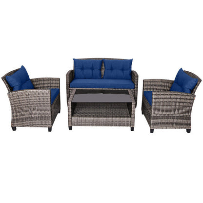 4 Pieces Patio Rattan Furniture Set Coffee Table Cushioned Sofa-Navy - Color: Navy