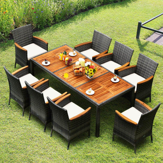 9 Pieces Rattan Patio Dining Set with Acacia Wood Table and Cushioned Chair - Color: Gray