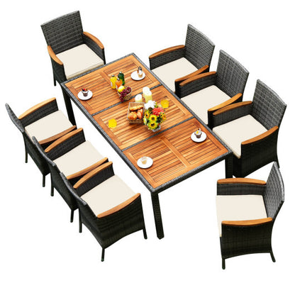 9 Pieces Rattan Patio Dining Set with Acacia Wood Table and Cushioned Chair - Color: Gray