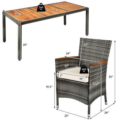 9 Pieces Rattan Patio Dining Set with Acacia Wood Table and Cushioned Chair - Color: Gray