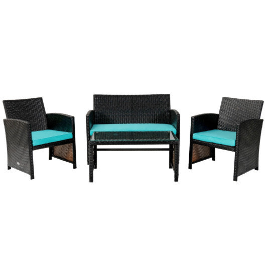 4 Pieces Patio Rattan Cushioned Furniture Set-Turquoise - Color: Turquoise