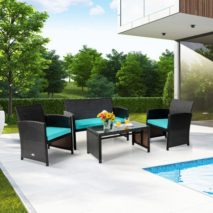 4 Pieces Patio Rattan Cushioned Furniture Set-Turquoise - Color: Turquoise