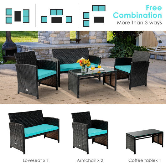 4 Pieces Patio Rattan Cushioned Furniture Set-Turquoise - Color: Turquoise