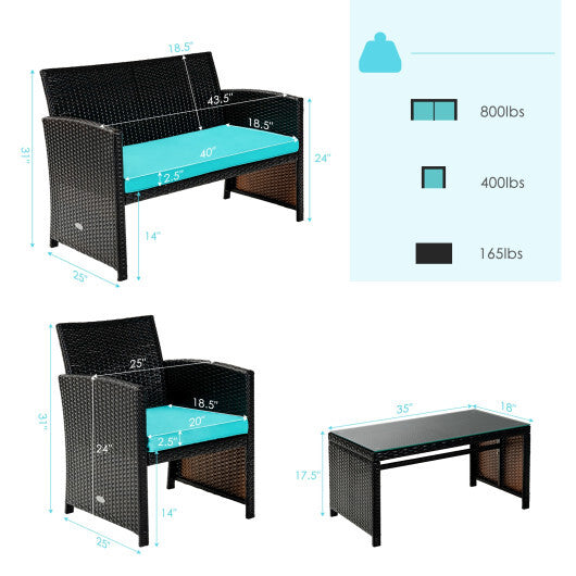 4 Pieces Patio Rattan Cushioned Furniture Set-Turquoise - Color: Turquoise