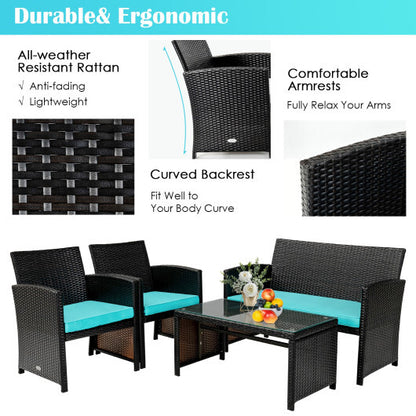 4 Pieces Patio Rattan Cushioned Furniture Set-Turquoise - Color: Turquoise