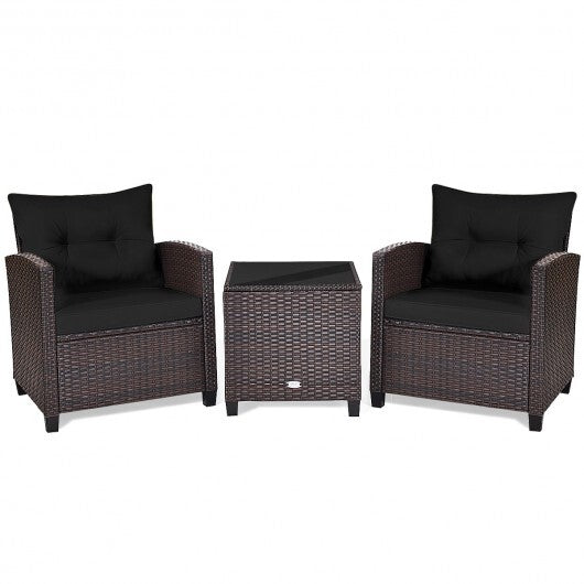 3 Pcs Patio Rattan Furniture Set Cushioned Conversation Set Coffee Table -Black - Color: Black