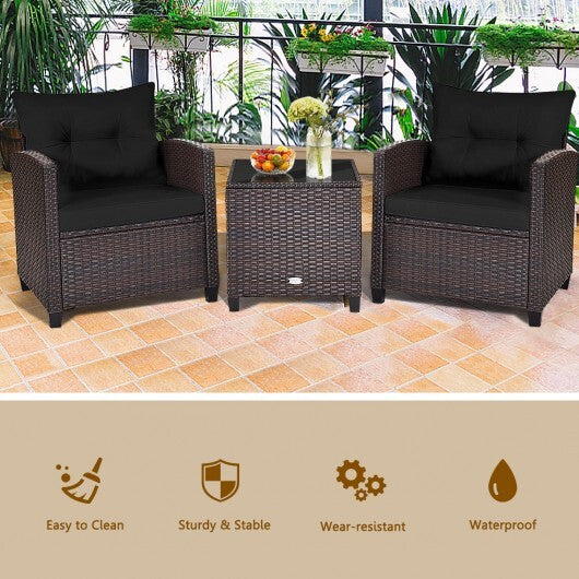 3 Pcs Patio Rattan Furniture Set Cushioned Conversation Set Coffee Table -Black - Color: Black