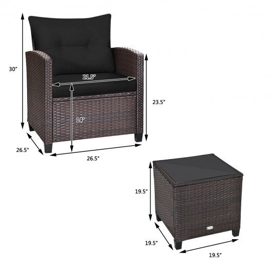 3 Pcs Patio Rattan Furniture Set Cushioned Conversation Set Coffee Table -Black - Color: Black