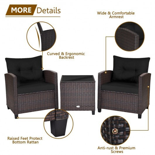 3 Pcs Patio Rattan Furniture Set Cushioned Conversation Set Coffee Table -Black - Color: Black