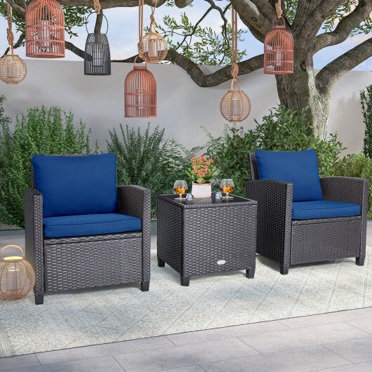 3 Pieces Rattan Patio Furniture Set with Washable Cushion-Beige & Turquoise - Color: Beige & Turquoise