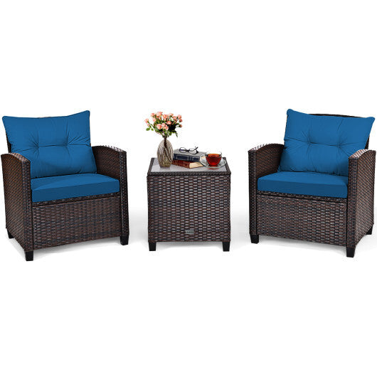 3 Pieces Rattan Patio Furniture Set with Washable Cushion-Peacock Blue - Color: Peacock Blue