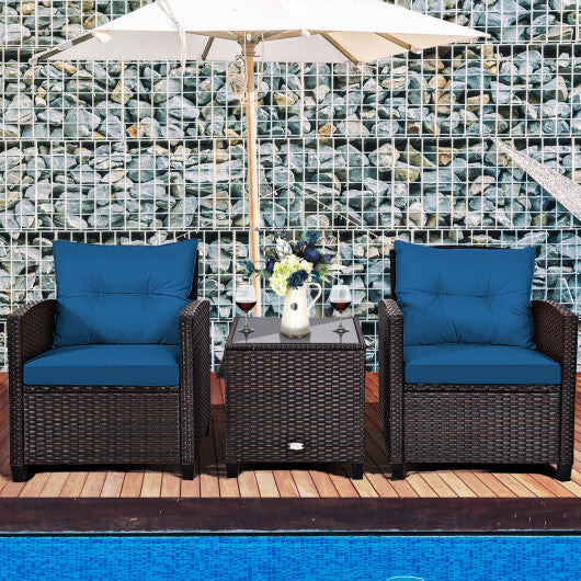 3 Pieces Rattan Patio Furniture Set with Washable Cushion-Peacock Blue - Color: Peacock Blue