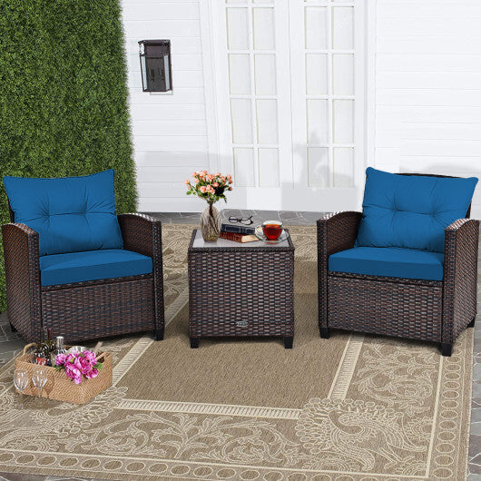 3 Pieces Rattan Patio Furniture Set with Washable Cushion-Peacock Blue - Color: Peacock Blue