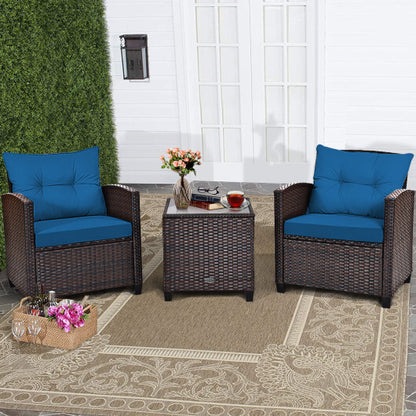 3 Pieces Rattan Patio Furniture Set with Washable Cushion-Peacock Blue - Color: Peacock Blue