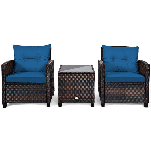 3 Pieces Rattan Patio Furniture Set with Washable Cushion-Peacock Blue - Color: Peacock Blue