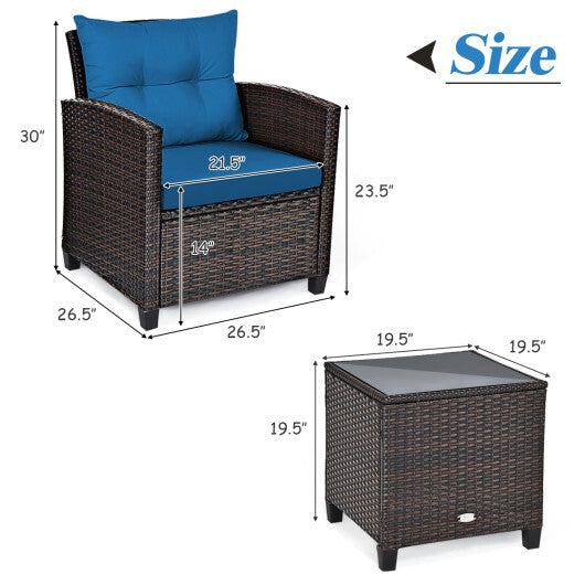 3 Pieces Rattan Patio Furniture Set with Washable Cushion-Peacock Blue - Color: Peacock Blue