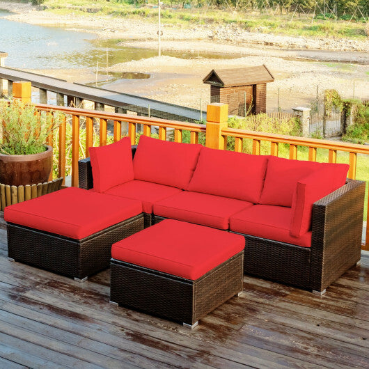 5 Pieces Patio Rattan Sofa Set with Cushion and Ottoman-Red - Color: Red