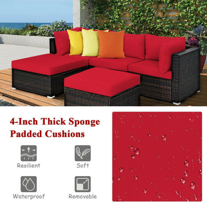 5 Pieces Patio Rattan Sofa Set with Cushion and Ottoman-Red - Color: Red