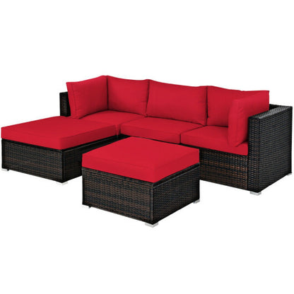 5 Pieces Patio Rattan Sofa Set with Cushion and Ottoman-Red - Color: Red