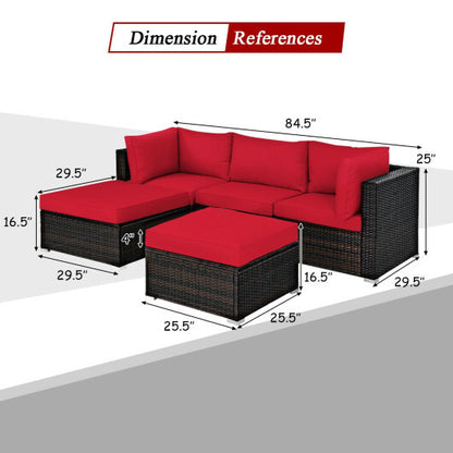 5 Pieces Patio Rattan Sofa Set with Cushion and Ottoman-Red - Color: Red