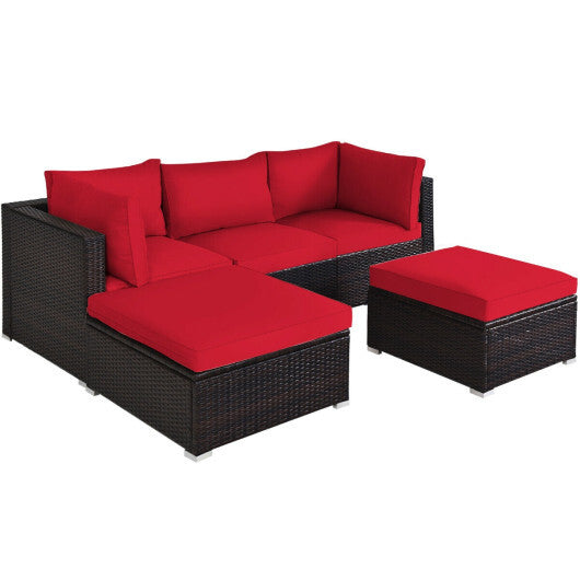 5 Pieces Patio Rattan Sofa Set with Cushion and Ottoman-Red - Color: Red