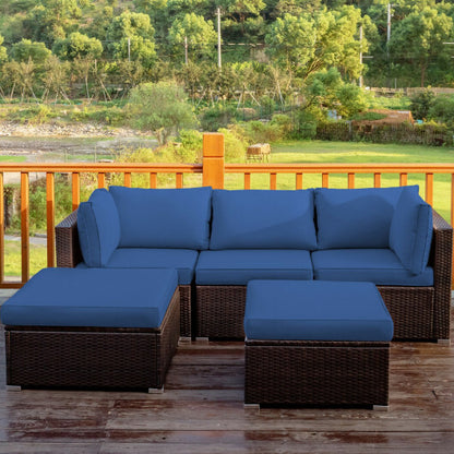 5 Pieces Patio Rattan Sofa Set with Cushion and Ottomans-Navy - Color: Navy