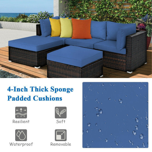 5 Pieces Patio Rattan Sofa Set with Cushion and Ottomans-Navy - Color: Navy