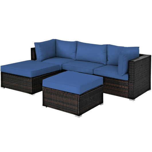 5 Pieces Patio Rattan Sofa Set with Cushion and Ottomans-Navy - Color: Navy