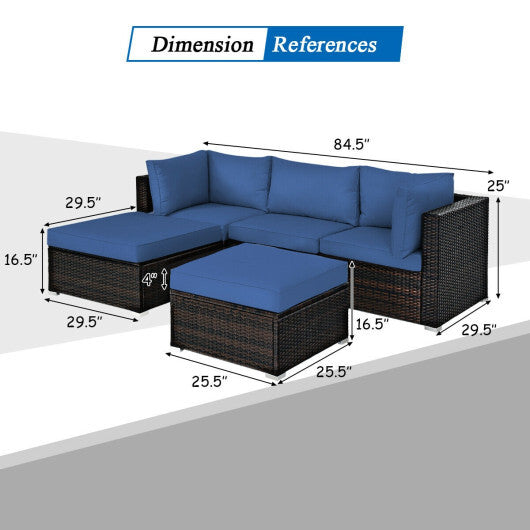 5 Pieces Patio Rattan Sofa Set with Cushion and Ottomans-Navy - Color: Navy