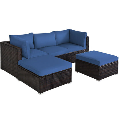 5 Pieces Patio Rattan Sofa Set with Cushion and Ottomans-Navy - Color: Navy