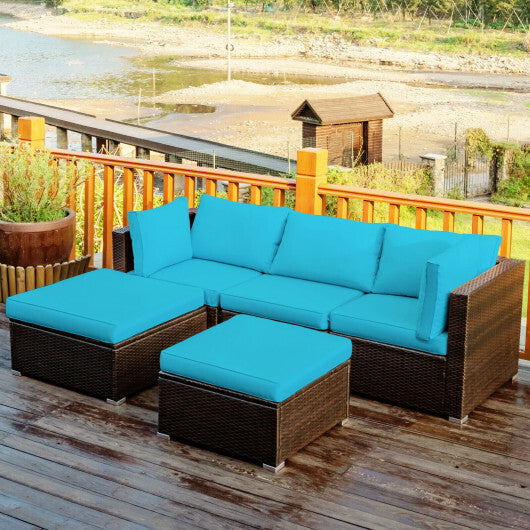 5 Pieces Patio Rattan Sectional Conversation Ottoman Furniture Set-Blue - Color: Blue