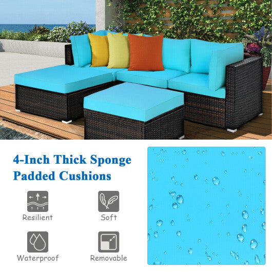 5 Pieces Patio Rattan Sectional Conversation Ottoman Furniture Set-Blue - Color: Blue