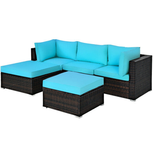 5 Pieces Patio Rattan Sectional Conversation Ottoman Furniture Set-Blue - Color: Blue