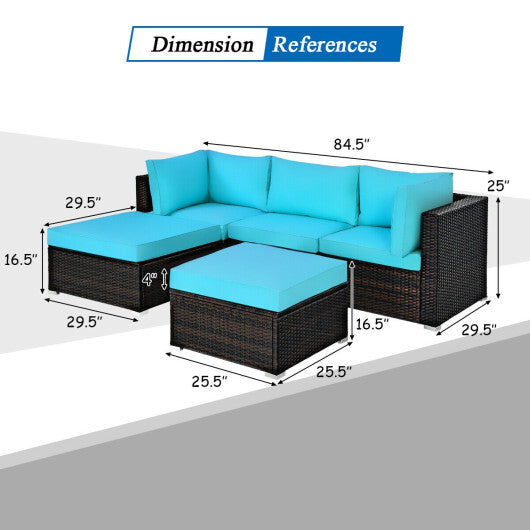 5 Pieces Patio Rattan Sectional Conversation Ottoman Furniture Set-Blue - Color: Blue