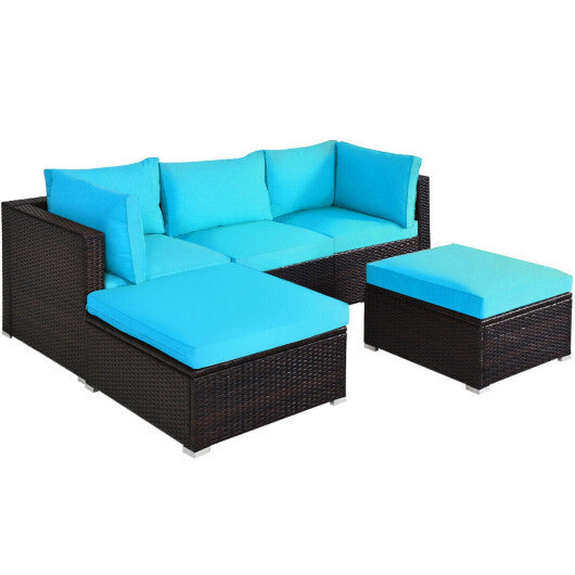 5 Pieces Patio Rattan Sectional Conversation Ottoman Furniture Set-Blue - Color: Blue