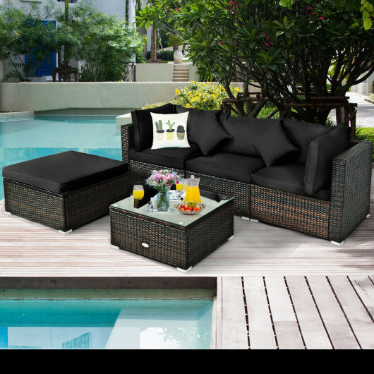 5 Pcs Outdoor Patio Rattan Furniture Set Sectional Conversation with Cushions-Black - Color: Black