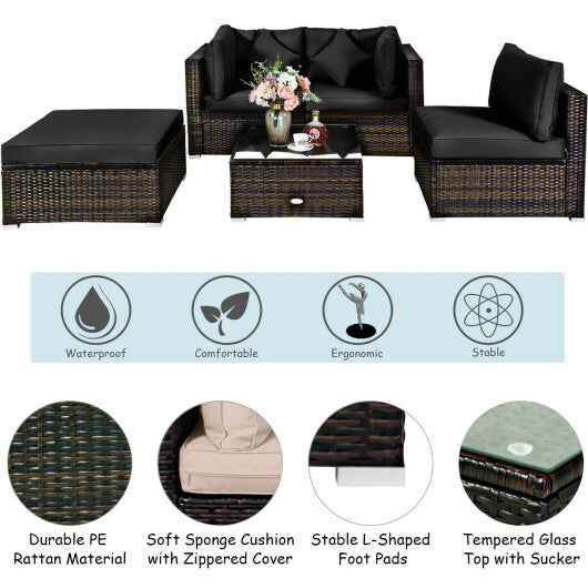 5 Pcs Outdoor Patio Rattan Furniture Set Sectional Conversation with Cushions-Black - Color: Black