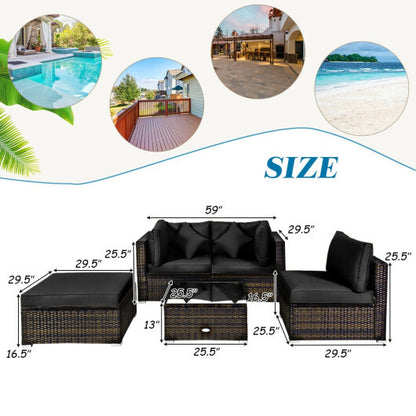 5 Pcs Outdoor Patio Rattan Furniture Set Sectional Conversation with Cushions-Black - Color: Black