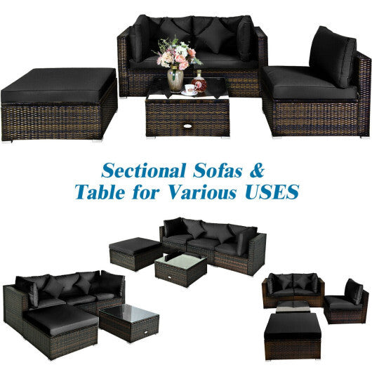 5 Pcs Outdoor Patio Rattan Furniture Set Sectional Conversation with Cushions-Black - Color: Black