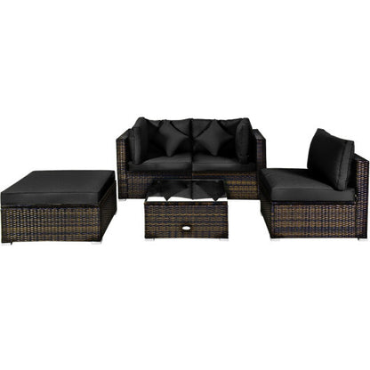 5 Pcs Outdoor Patio Rattan Furniture Set Sectional Conversation with Cushions-Black - Color: Black