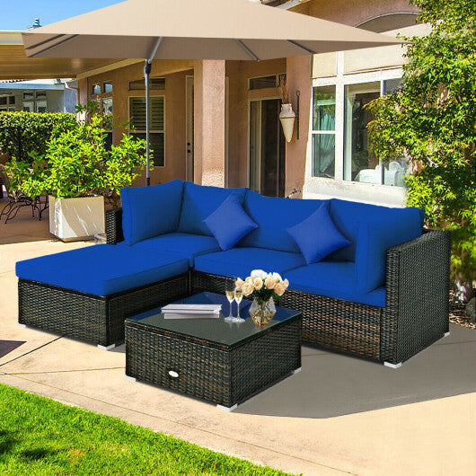 5 Pcs Outdoor Patio Rattan Furniture Set Sectional Conversation with Navy Cushions-Navy - Color: Navy