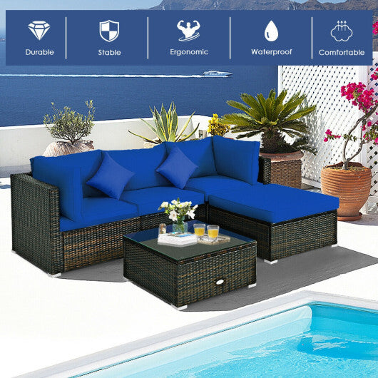 5 Pcs Outdoor Patio Rattan Furniture Set Sectional Conversation with Navy Cushions-Navy - Color: Navy