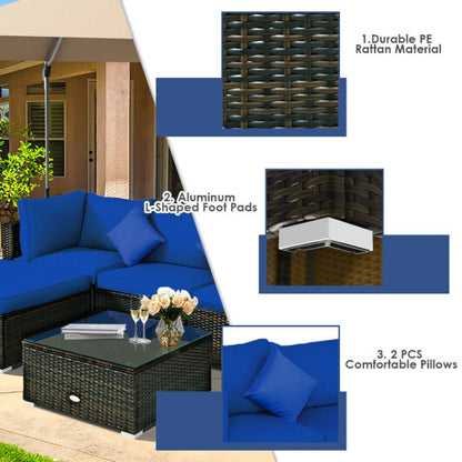 5 Pcs Outdoor Patio Rattan Furniture Set Sectional Conversation with Navy Cushions-Navy - Color: Navy